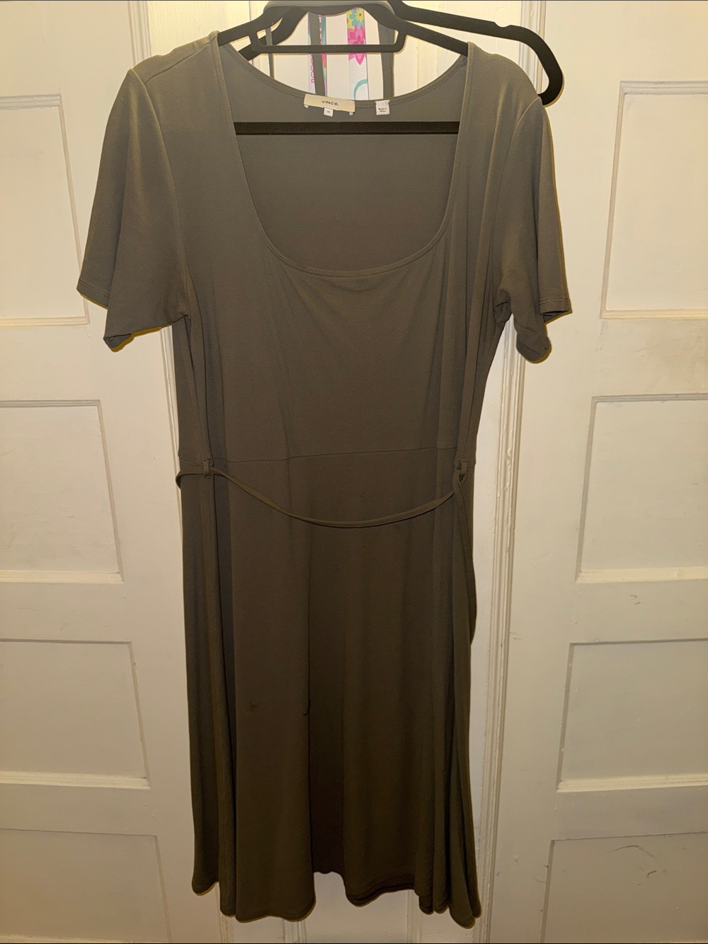 Vince Olive Scoop Neck Midi Dress with Waist Tie